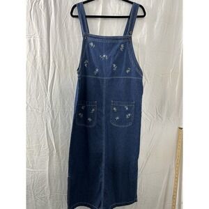 Premier International Ladies Sz L Denim‎ Jumper Dress Floral Embroidered Vintage